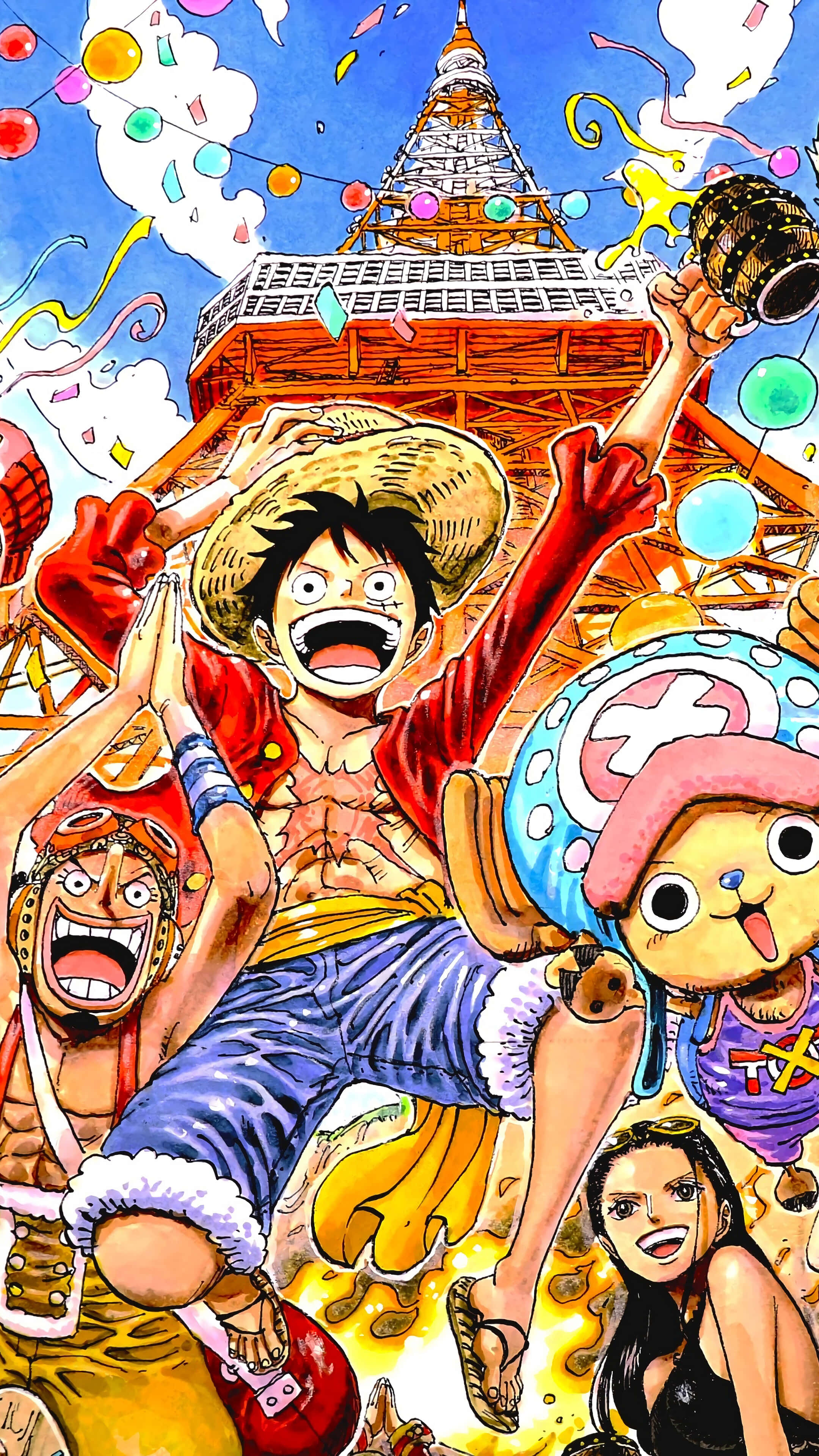 Straw Hat Pirates Celebrating Under A Tower Wallpaper