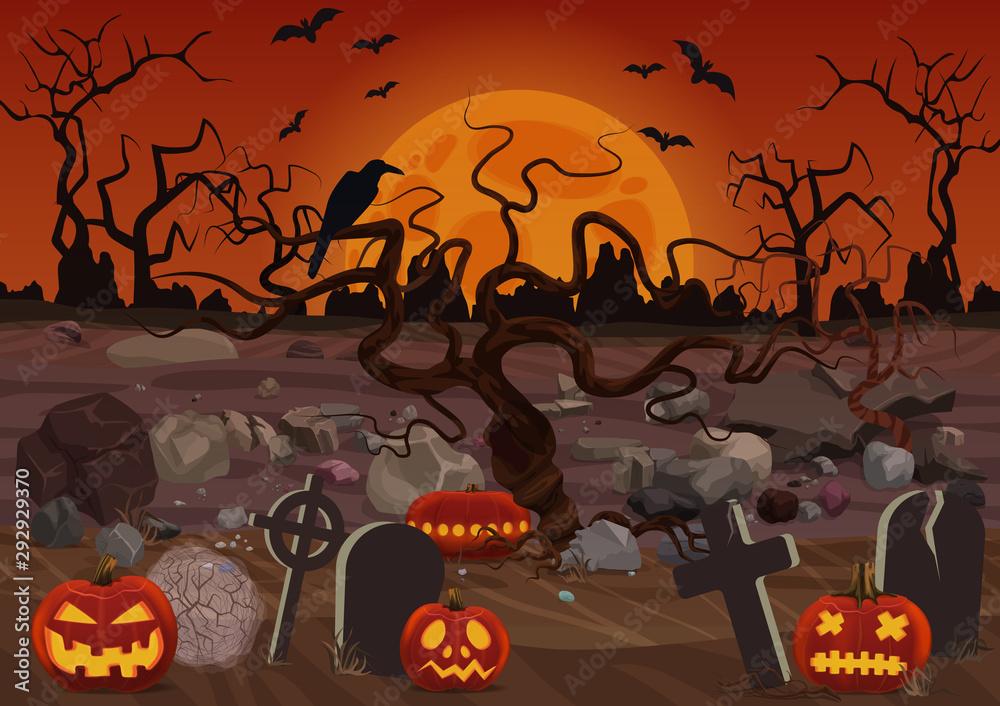 Spooky graveyard flat vector background Creepy halloween