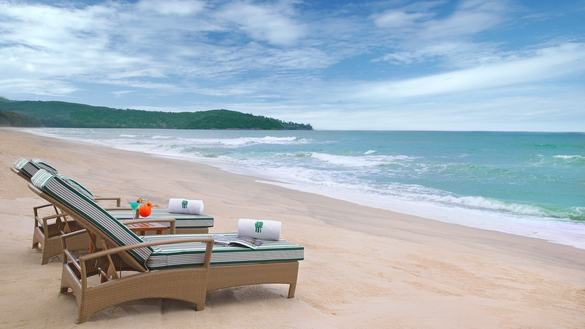 Beach Sand Sea Hill Clouds Chair Drink Summer Tropical