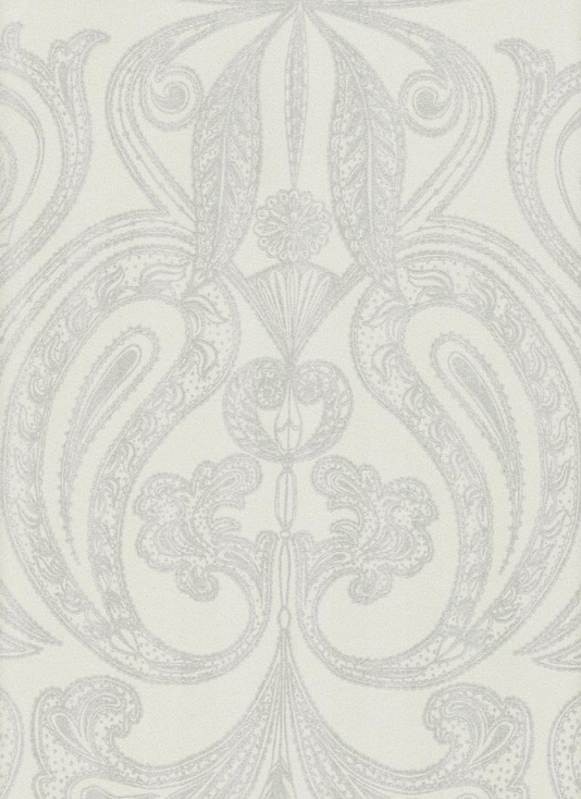 Malabar Wallpaper Silver on grey Indian paisley design wallpaper