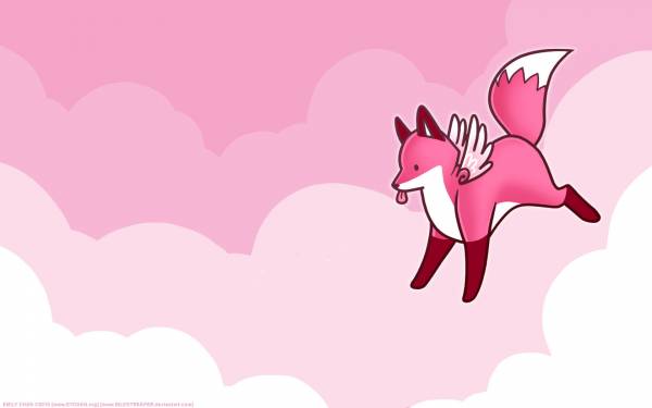 Widescreen Wallpaper Funny animal fox angel wings sky pink white