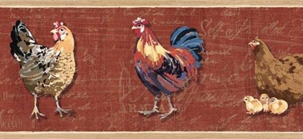 Wallpaper Border French Country Brick Red Rooster and Chicks Hens with