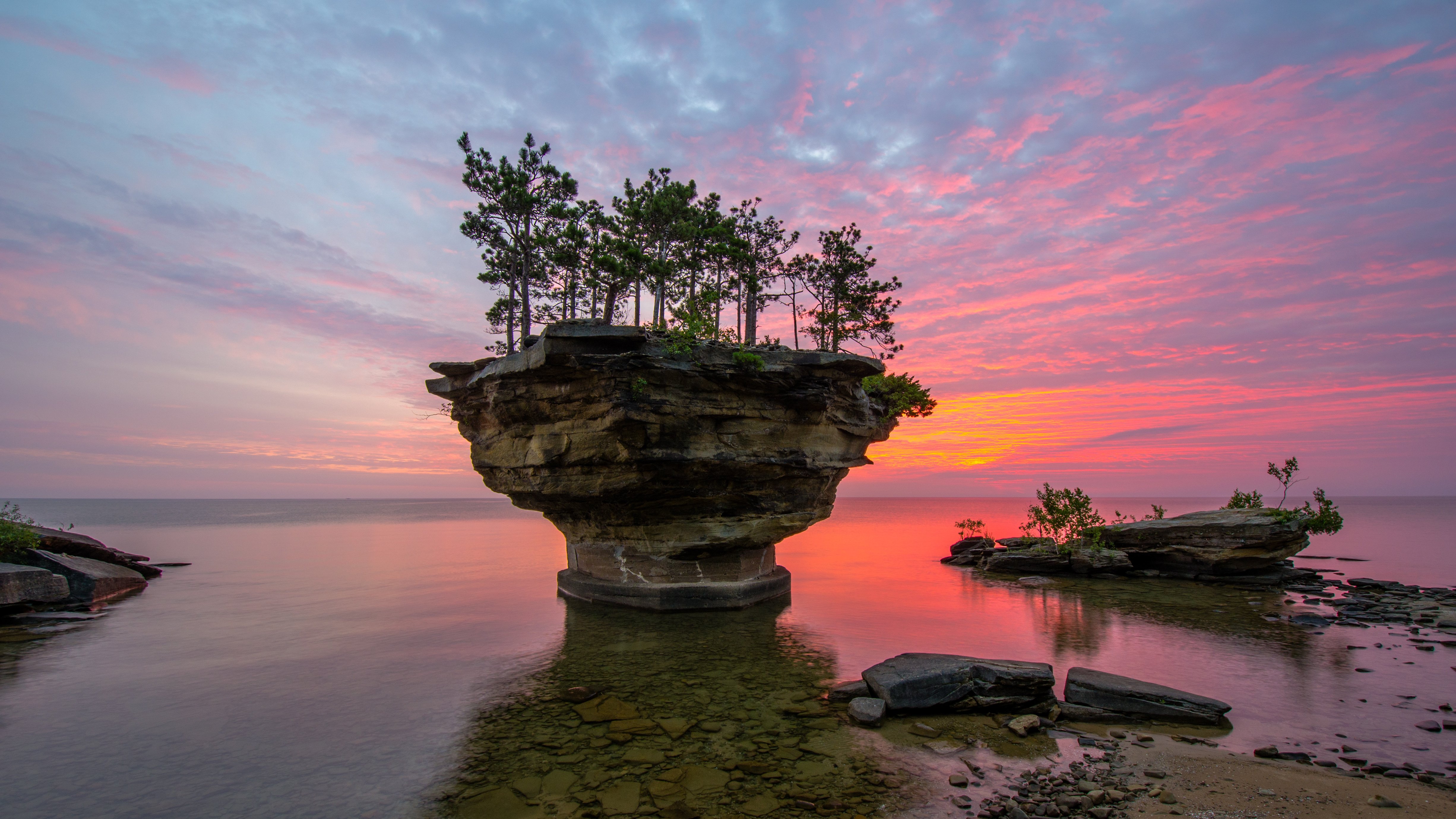 Michigan Lake Huron Sunset Rock Trees Landscape D Wallpaper Background