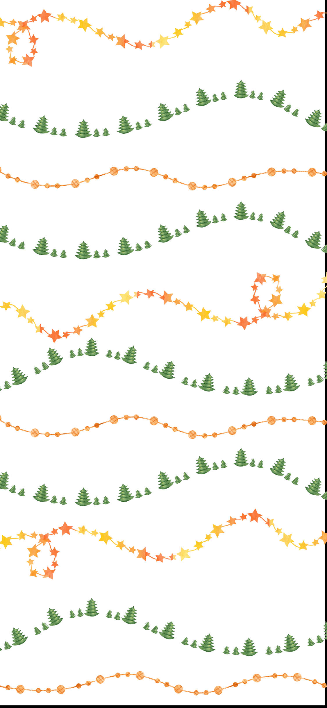 A preppy Christmas pattern featuring wavy lines of stars, Christmas trees, and decorative beads on a clean white background