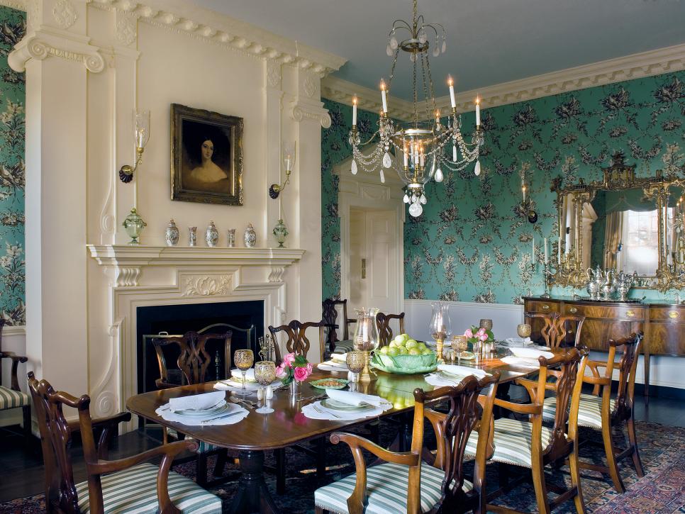 French Country Dining Room With Classic Wallpaper Hgtv