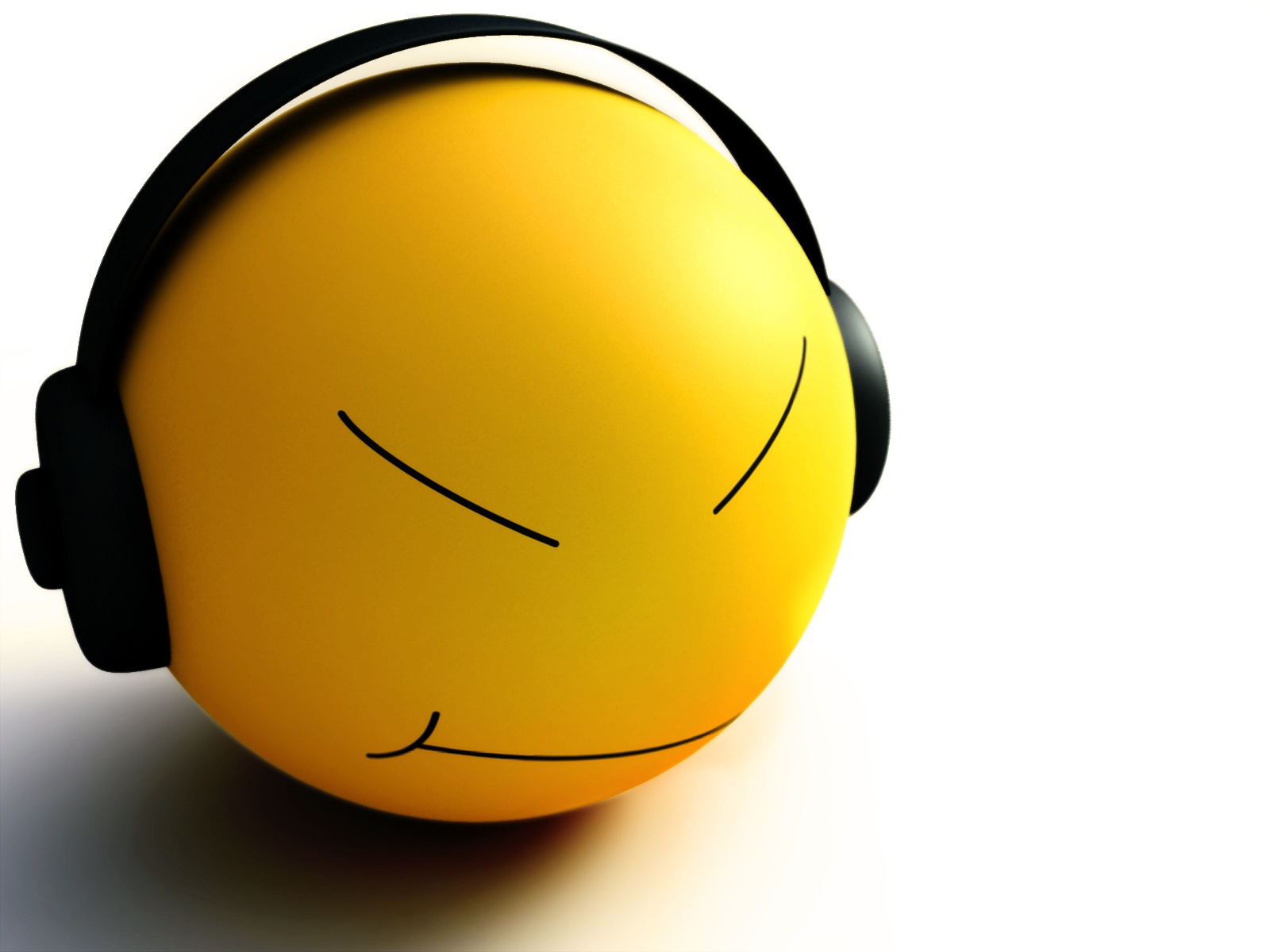 A 3D yellow emoji wearing headphones, enjoying music against a white background