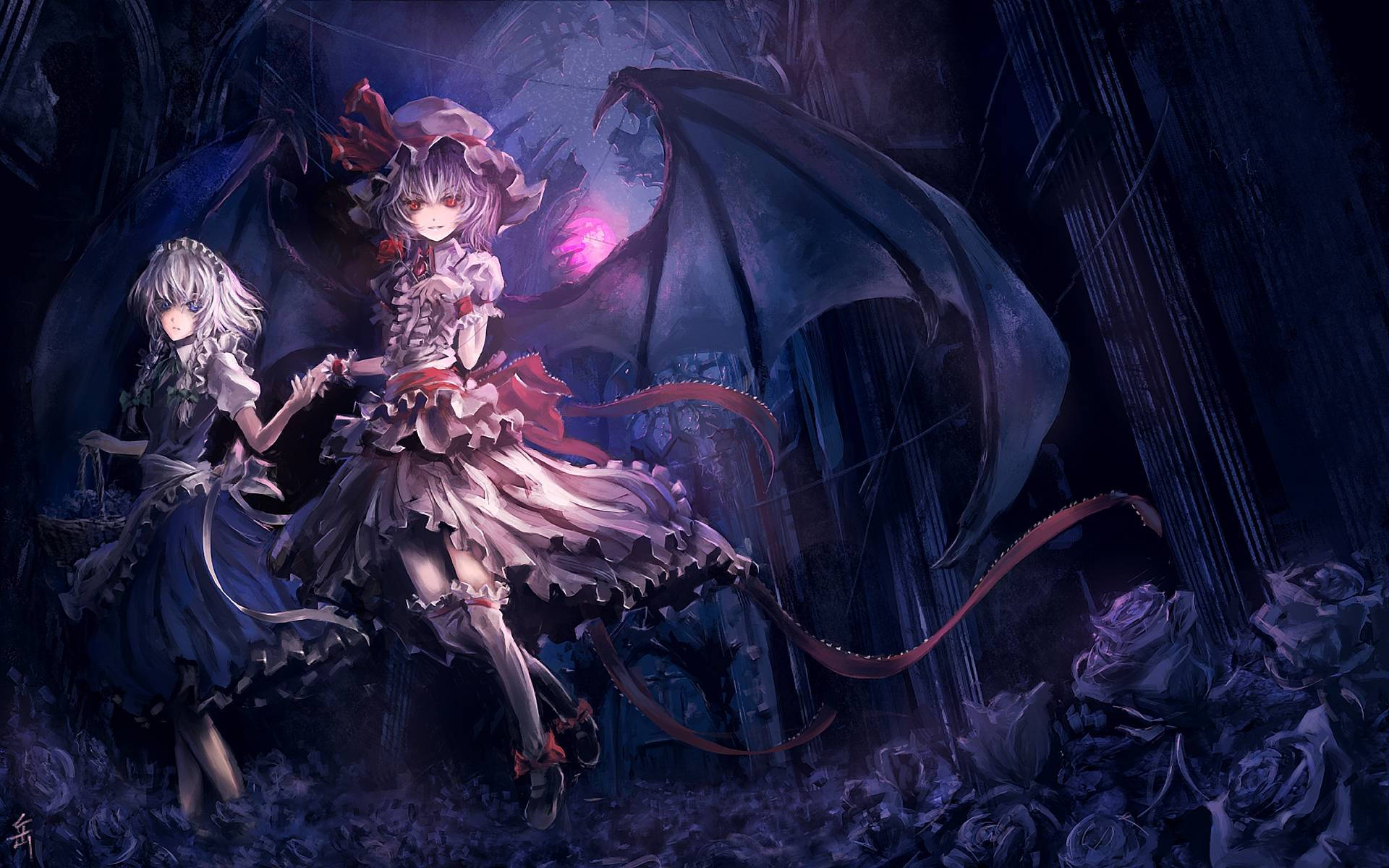Dark anime wallpaper featuring two female characters with gothic elements, one with bat wings and the other holding a basket, in a dimly lit setting with decaying roses