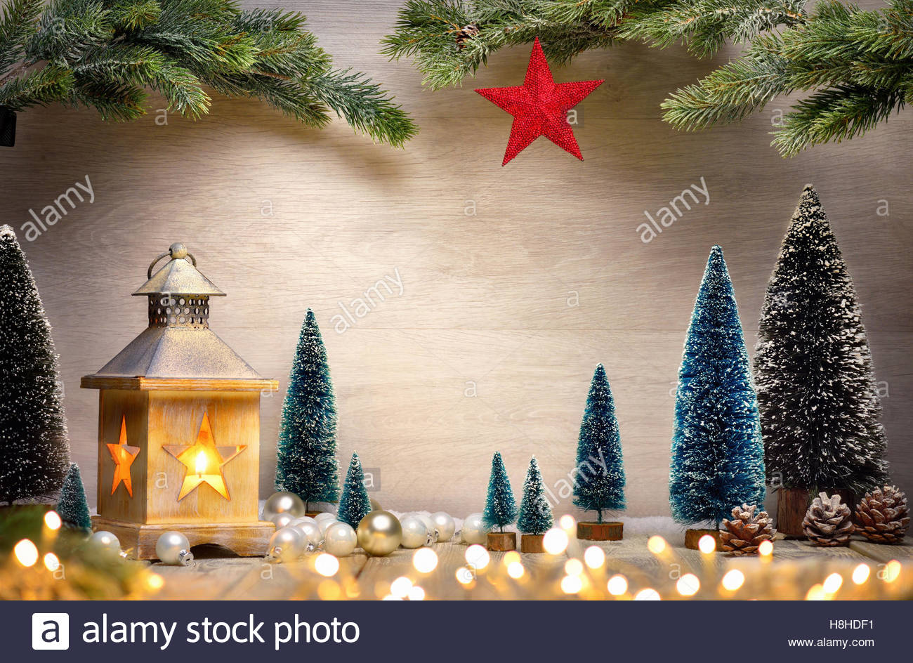 Christmas Scene Background With A Lantern Trees Fir Branches