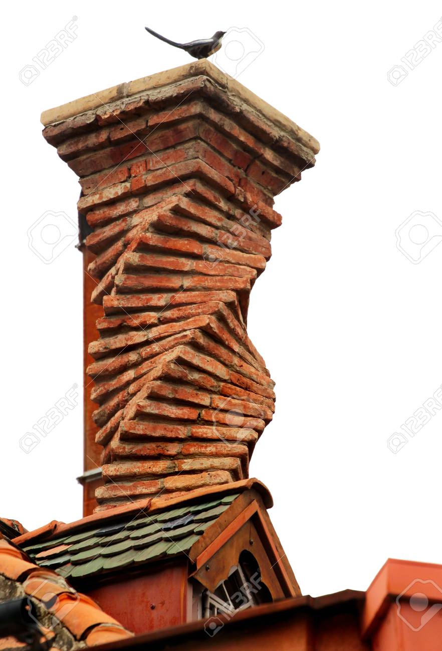 Twisted Red Brick Chimney Isolated On White Background Stock Photo