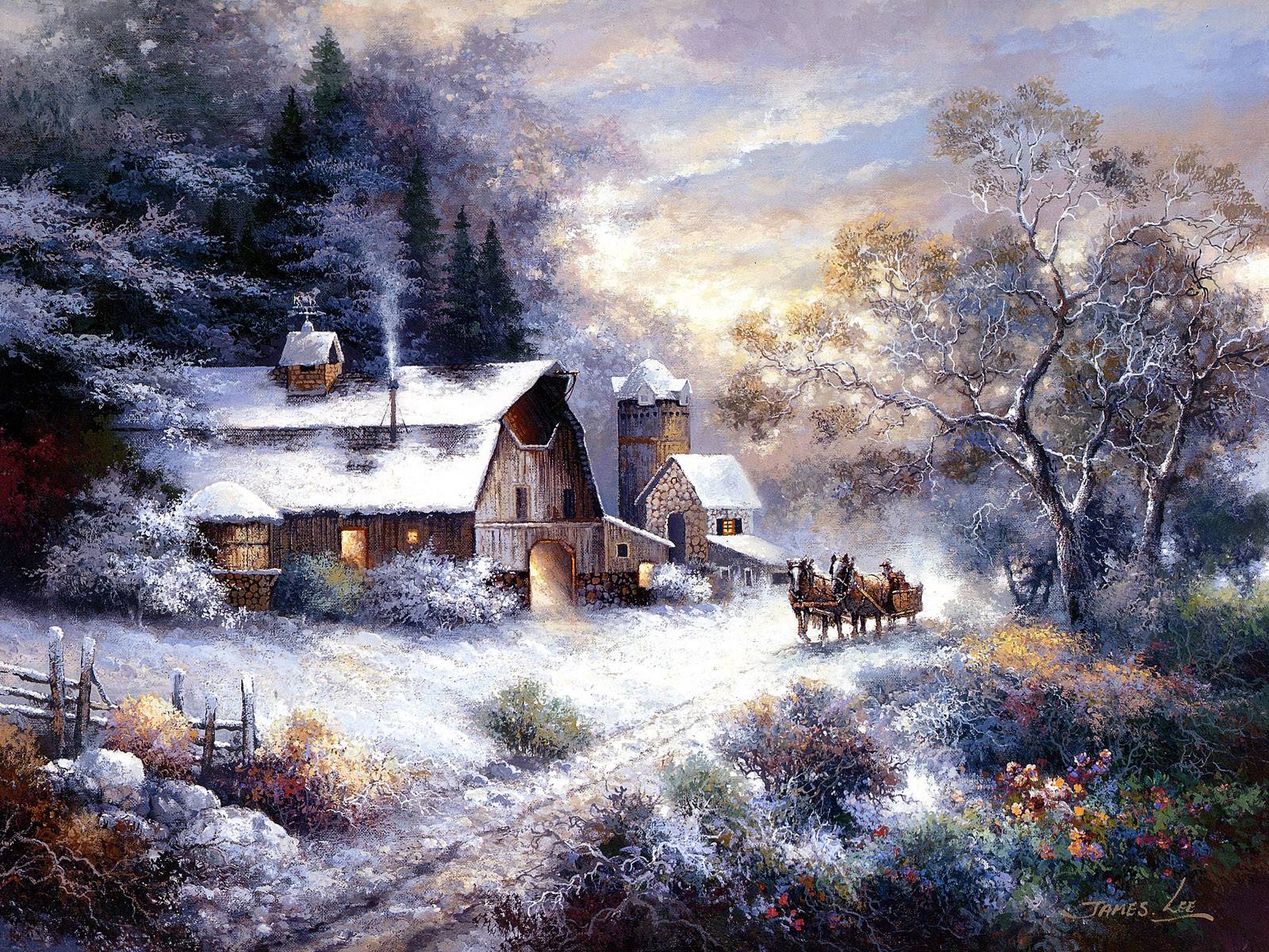 Snowy Evening Outing James Lee Paintings Wallpaper Image