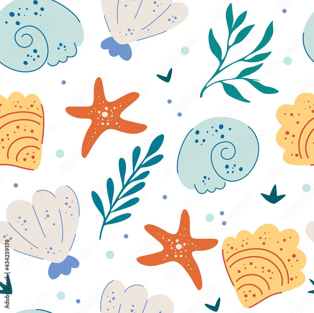 Sea shells and starfish seamless pattern Cute ocean background