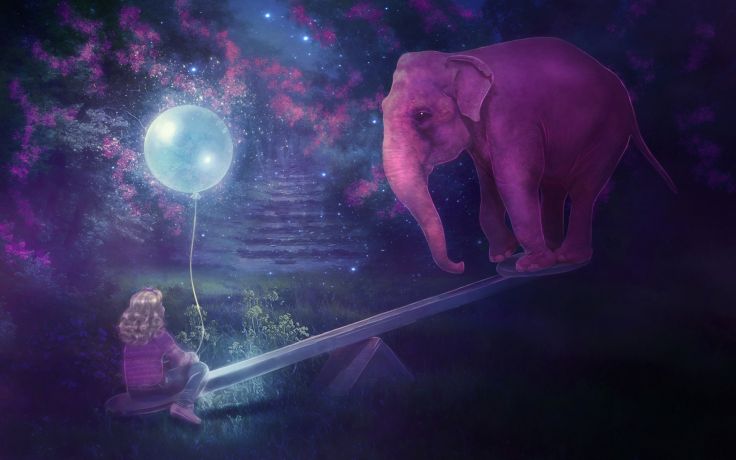Elephant Pink Girl Balloon Swing Night Stars Trees Dream Psychedelic