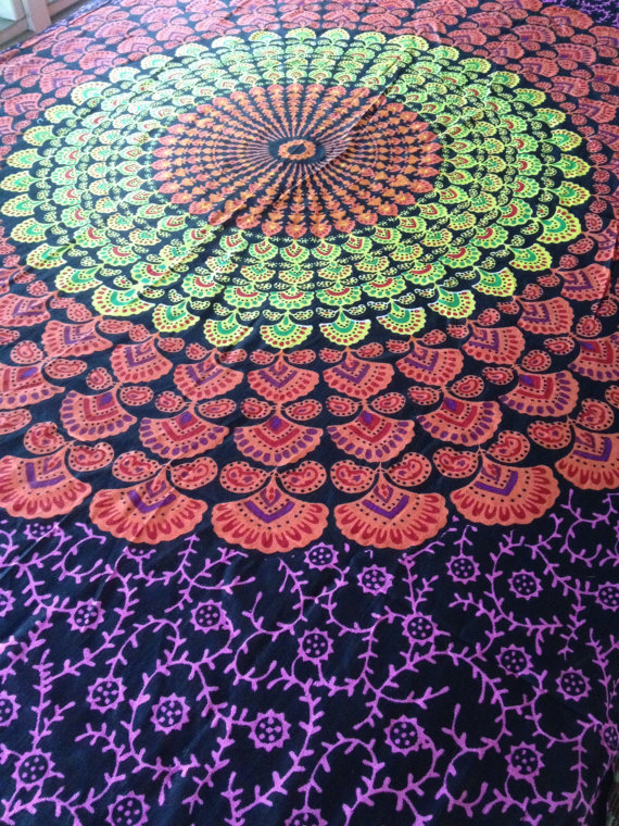 Boho Hippie Tapestry Fabric Colorful Starburst Pattern Black Pink