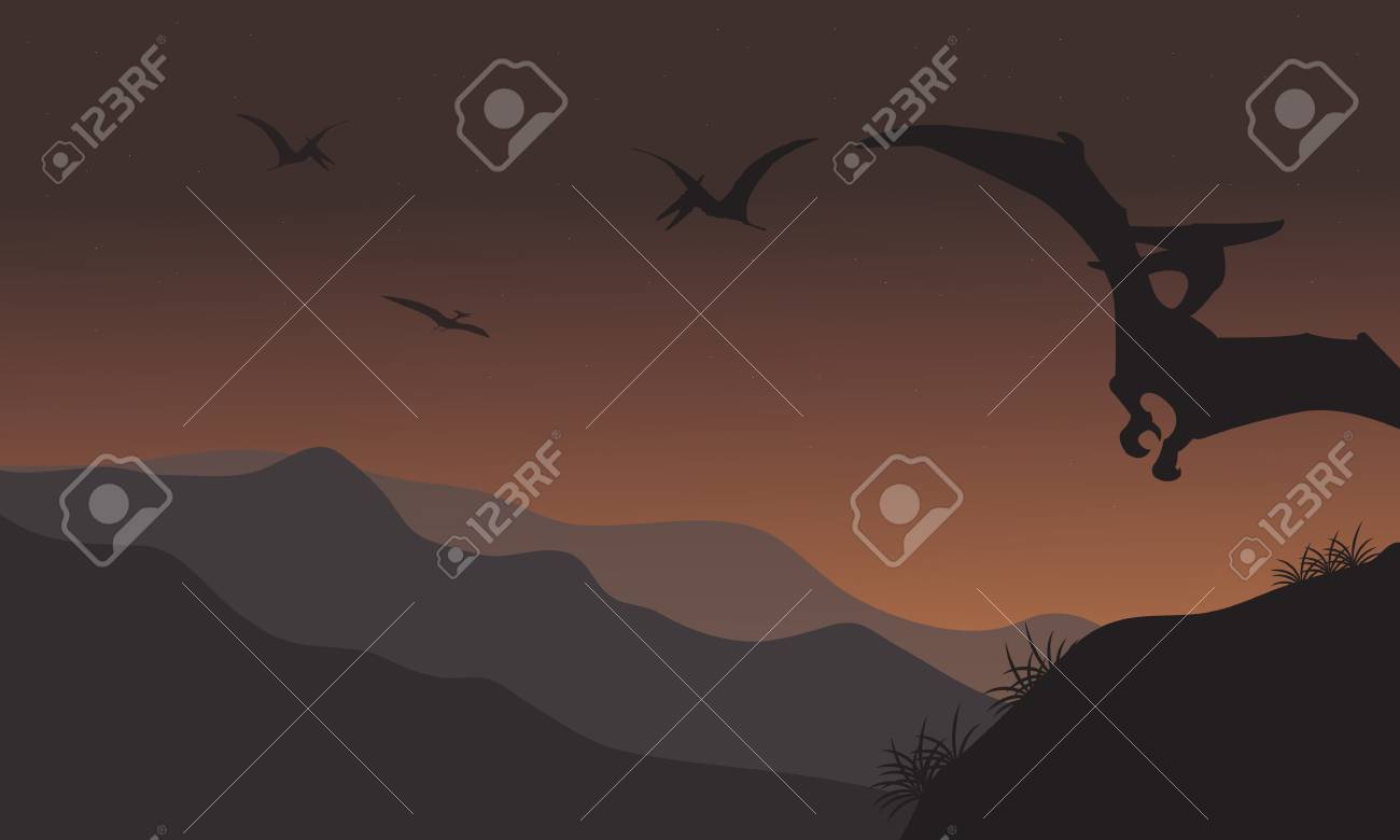 Silhouette Of Pterodactyl Fly At The Night With Brown Background