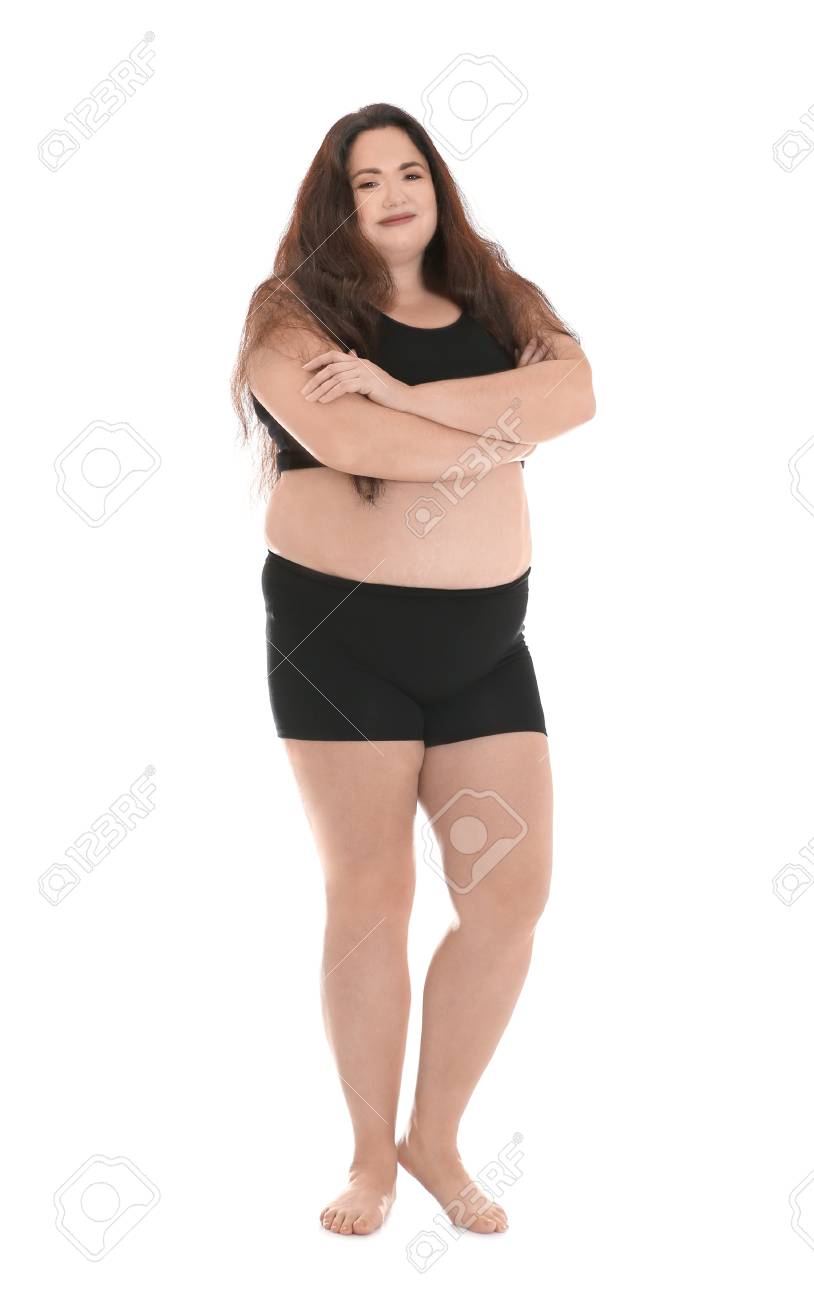 Overweight Woman In Underwear On White Background Stock Photo