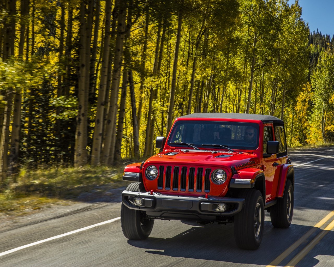 Download red jeep wrangler suv on road 1280x1024 wallpaper