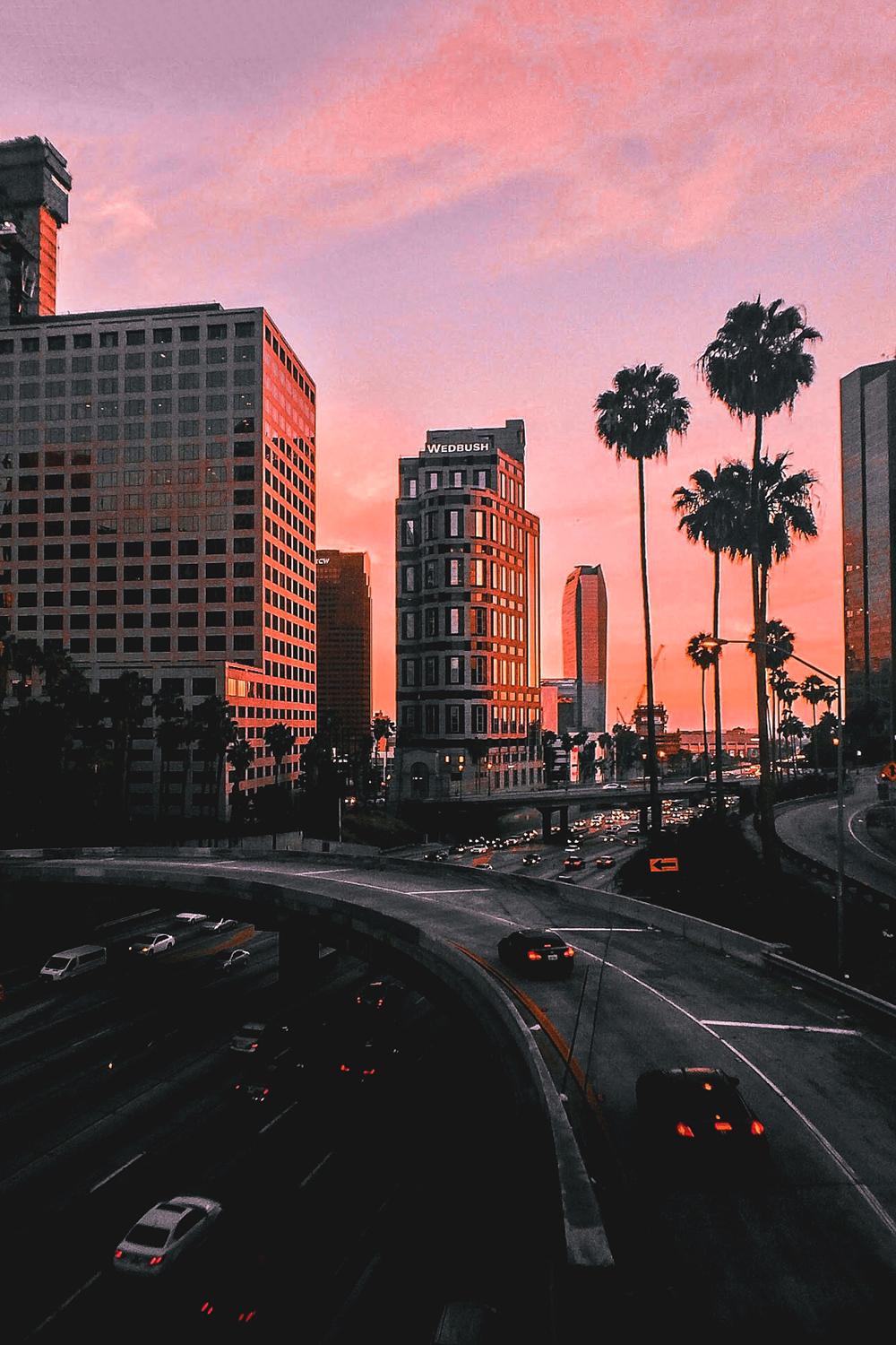 City Sunset Palms Traffic Cars Los Angeles Wallpaper