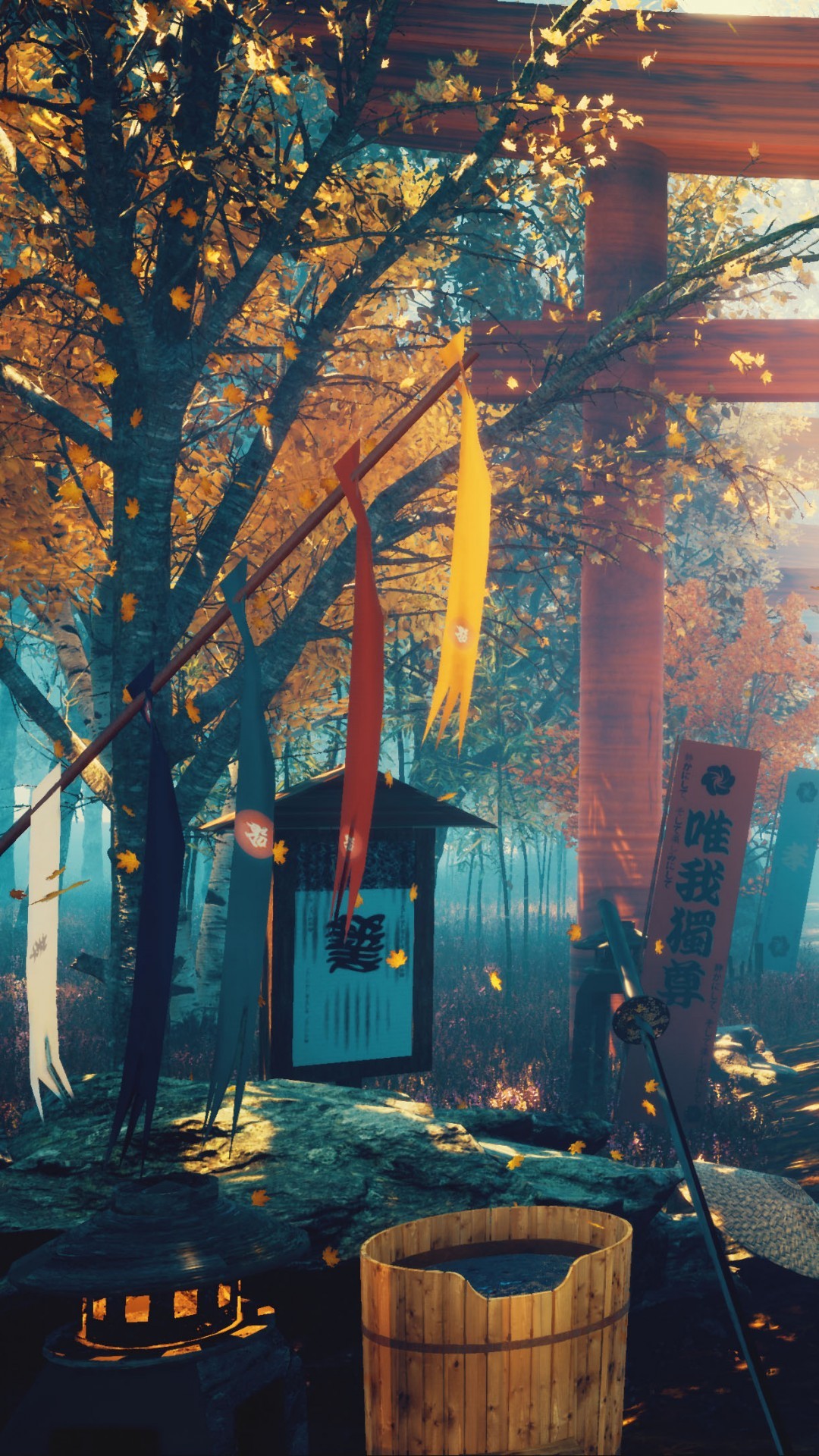 A serene 4K wallpaper depicting a traditional Japanese bath (ofuro) amidst an autumnal forest setting, with a torii gate, banners, and gentle leaf fall