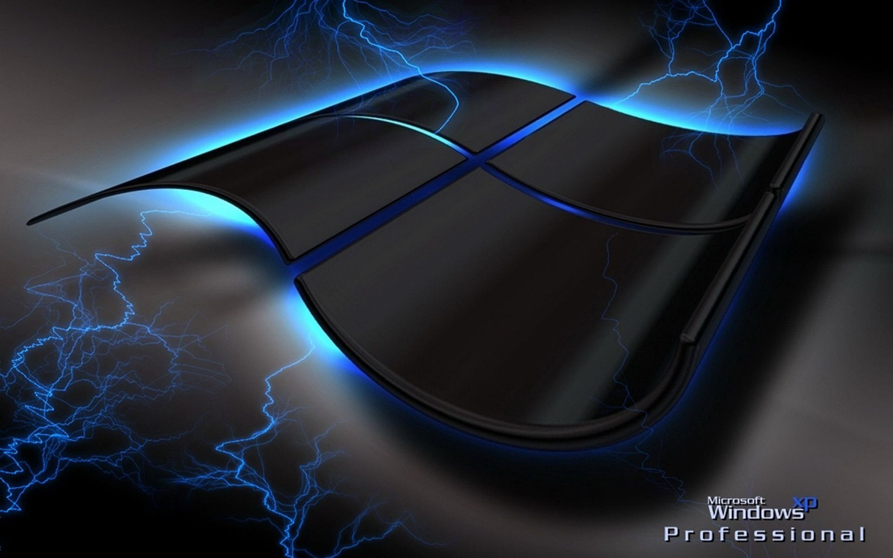 A stylized Windows XP Professional logo with a dark, glossy finish and glowing blue edges, set against a backdrop of electric blue lightning