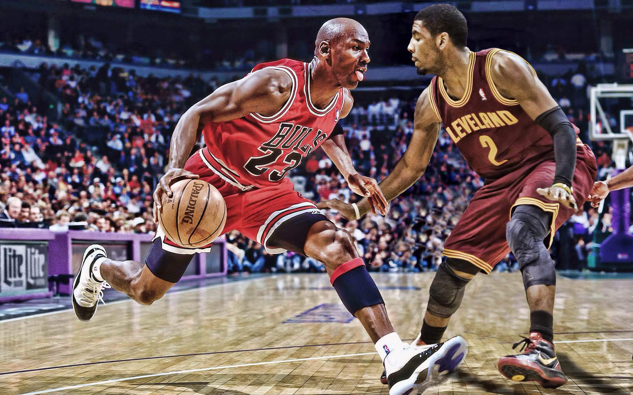 Michael Jordan dribbling past Kyrie Irving in a hypothetical matchup