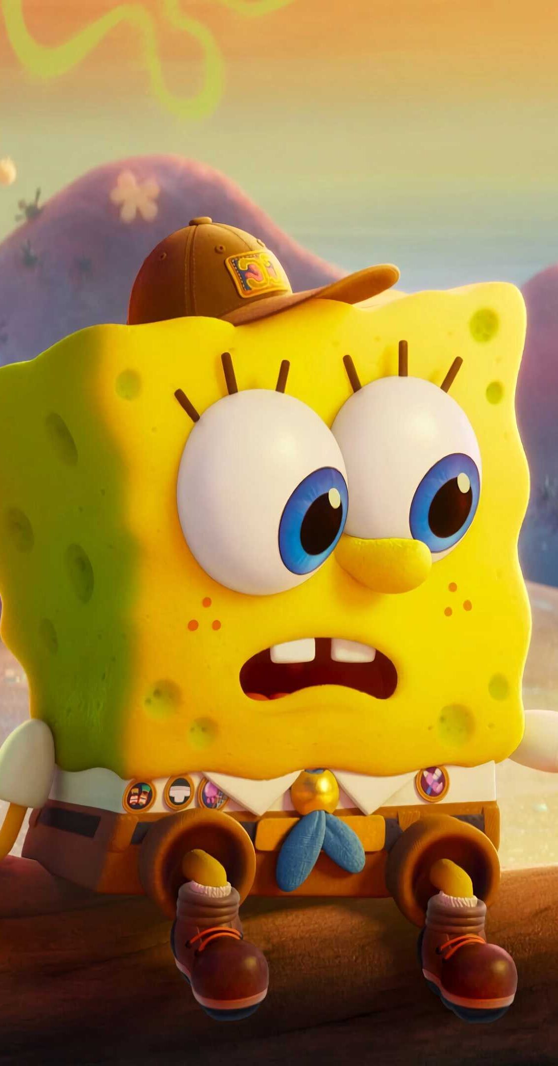 Spongebob Squarepants in a camping outfit, looking worried, from The SpongeBob Movie: Sponge on the Run