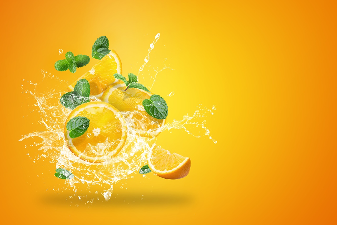 Photos Orange Fruit Drops Water Splash Food Colored Background
