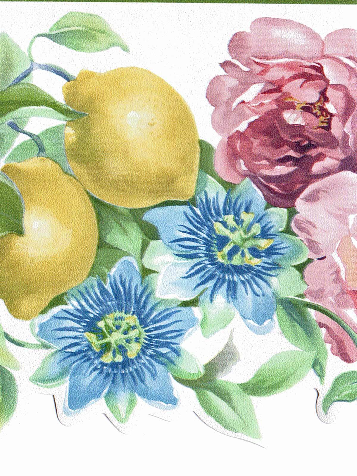 Yellow Lemons Apples Soft Flowers Only Wallpaper Border