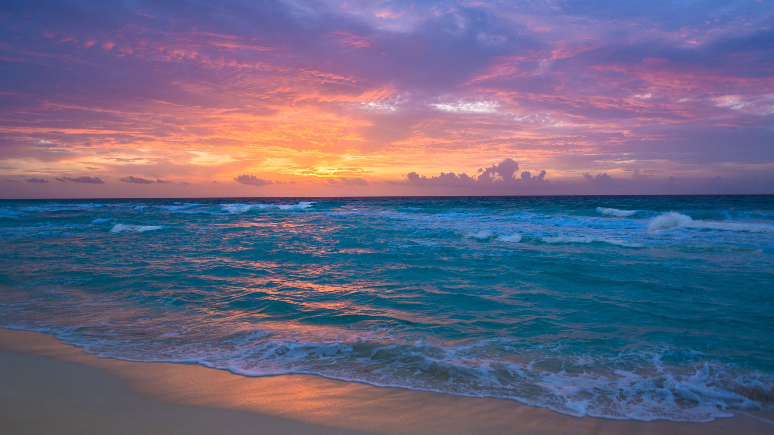 Seaside Dawn Sea Waves Sand Sky Clouds Sunrise Wallpaper