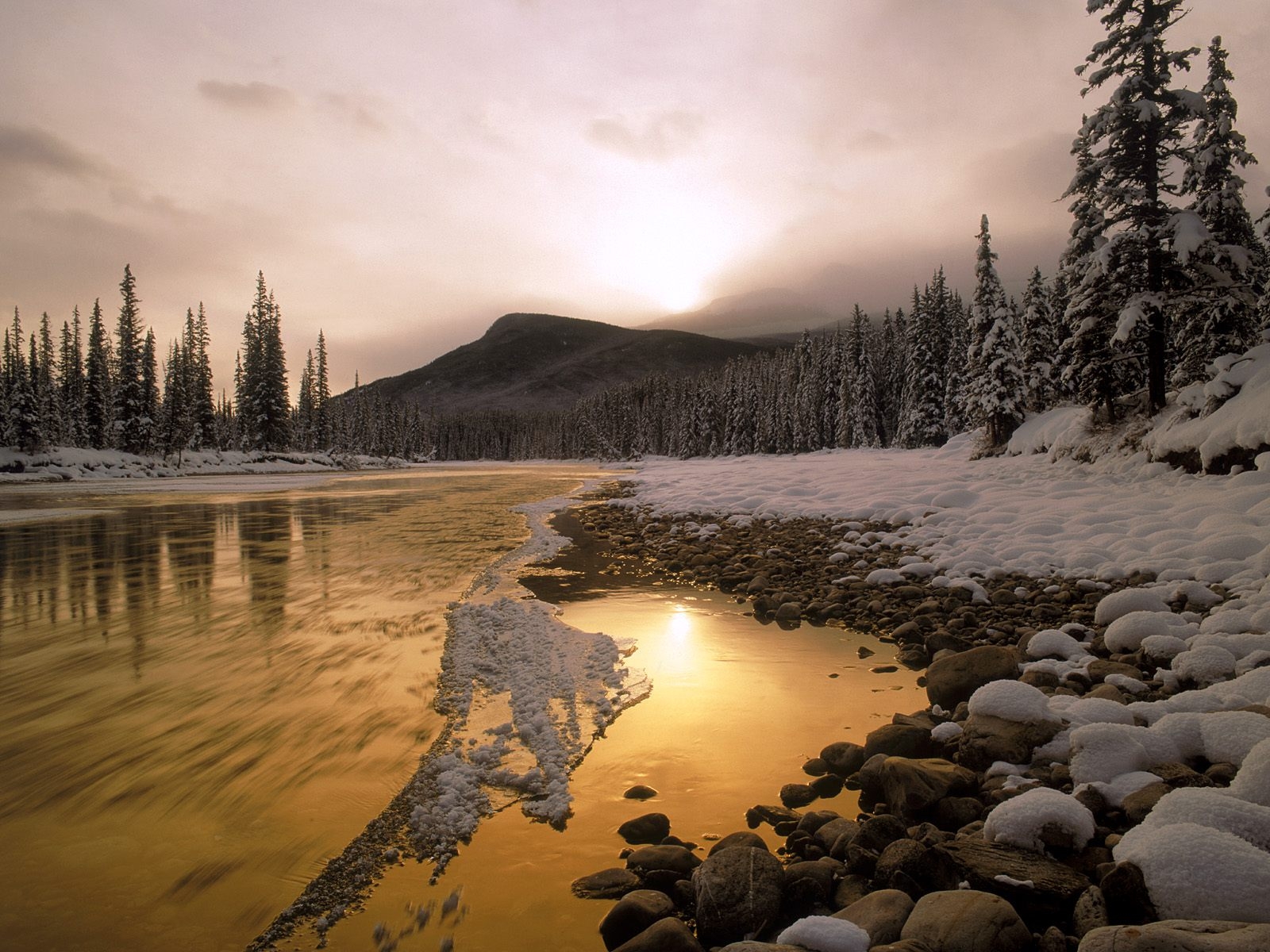 Wallpaper Stones Snow River Current Canada Mountain