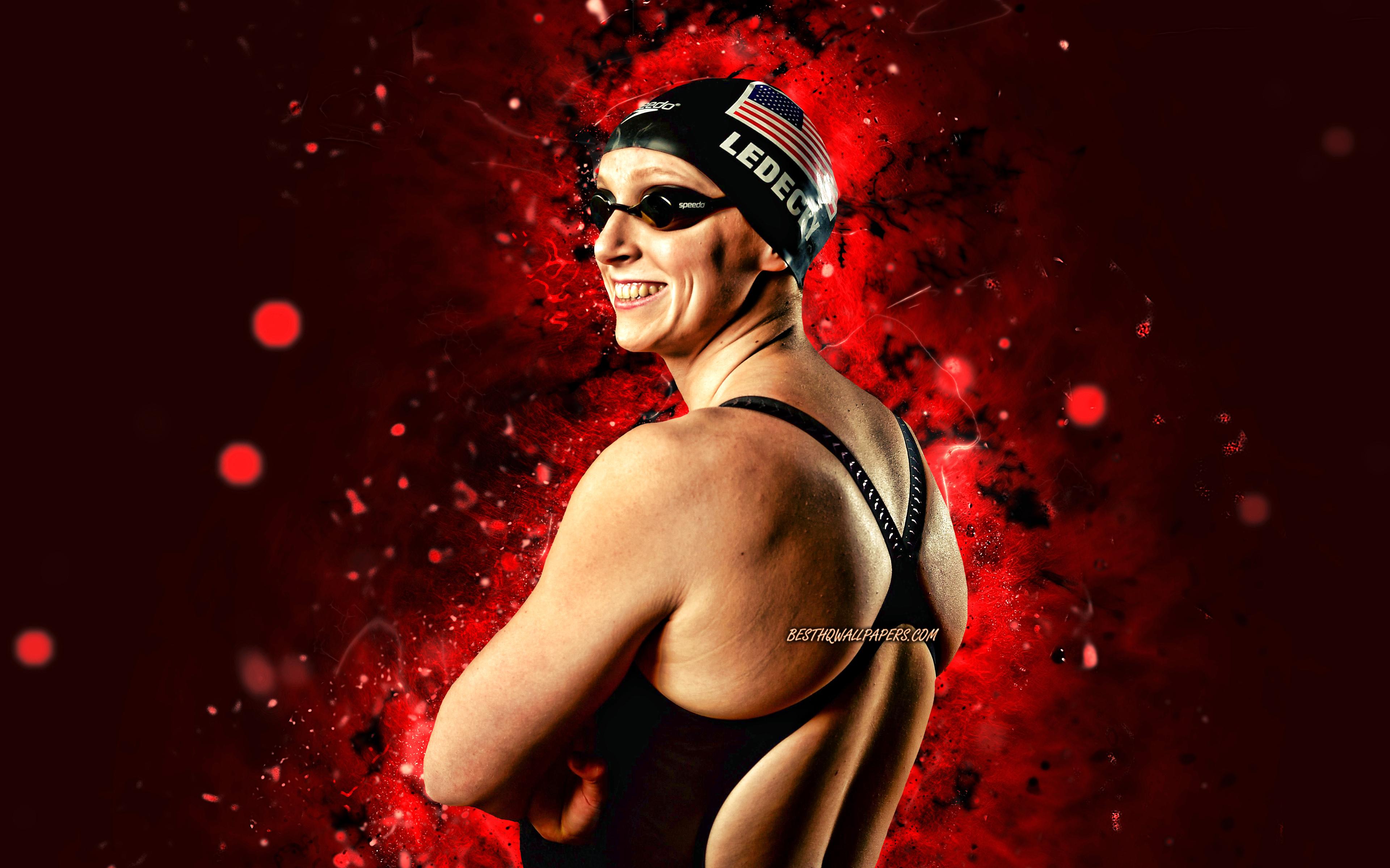 Wallpaper Katie Ledecky 4k American Swimmer Red Neon