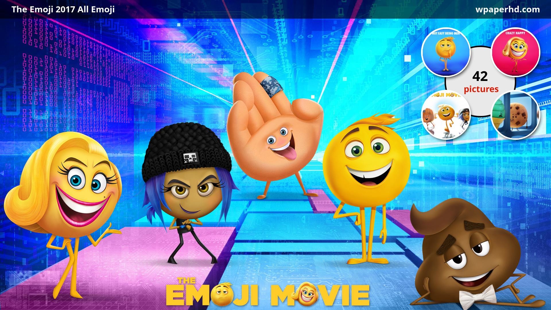 Promotional poster for The Emoji Movie featuring popular emoji characters like Smiler, Hi-5, Jailbreak, and Gene