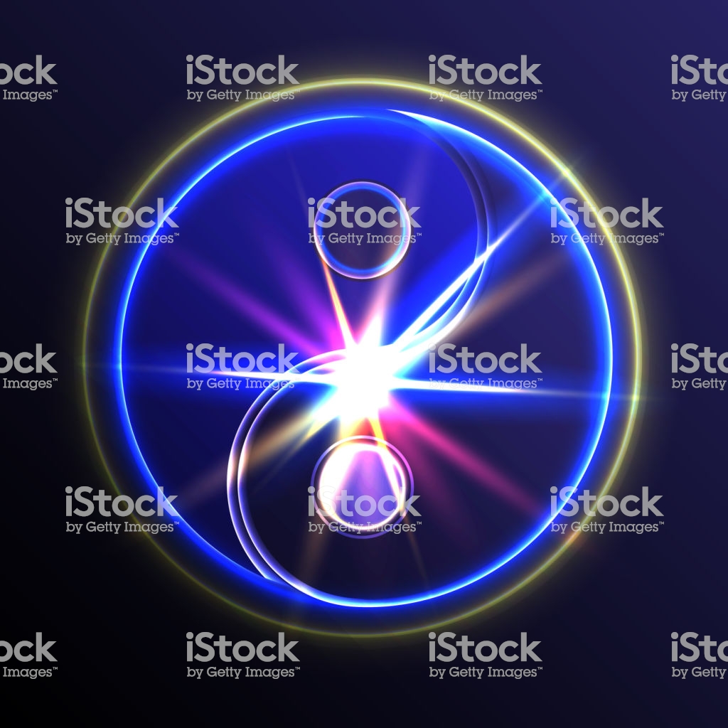 Blue Neon Sign Yinyang On The Background Of A Multicolored Flash