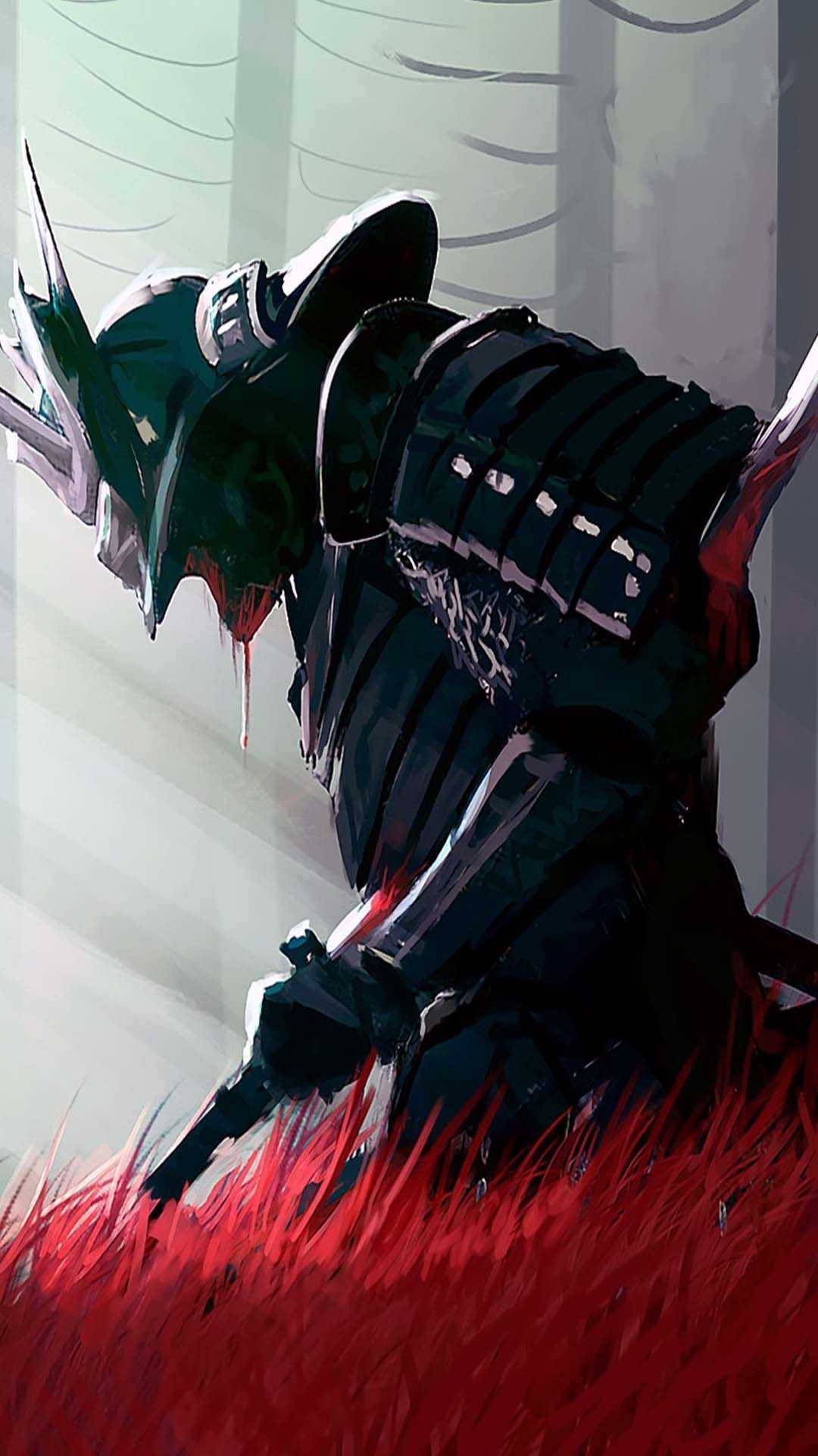 A lone samurai, clad in black armor, kneels amidst a field of vibrant red grass. Blood drips from his helmet, hinting at a recent battle. The backdrop of blurred trees adds to the image's somber mood