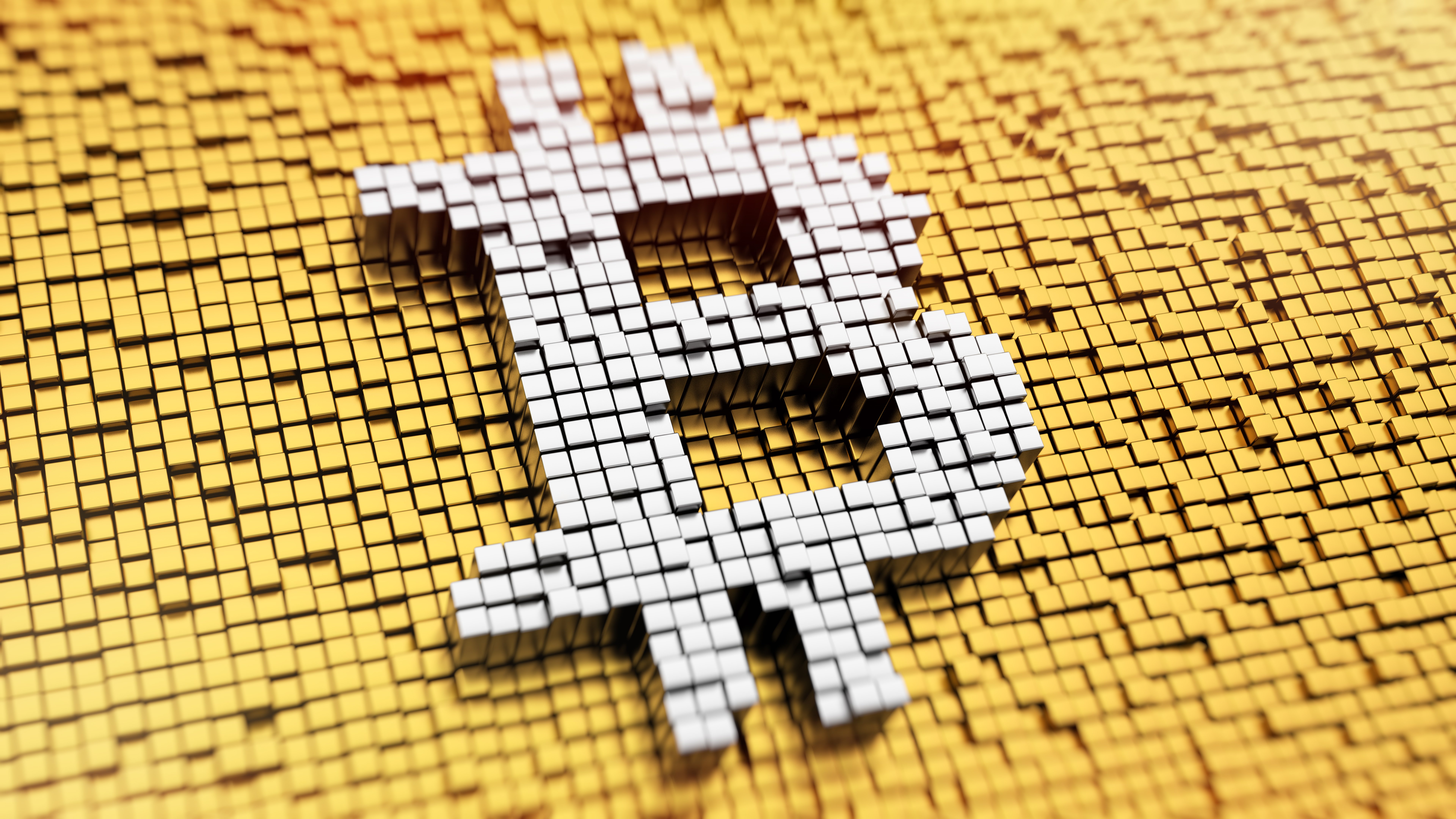 Bitcoin symbol made of white blocks on a gold background, representing the digital cryptocurrency