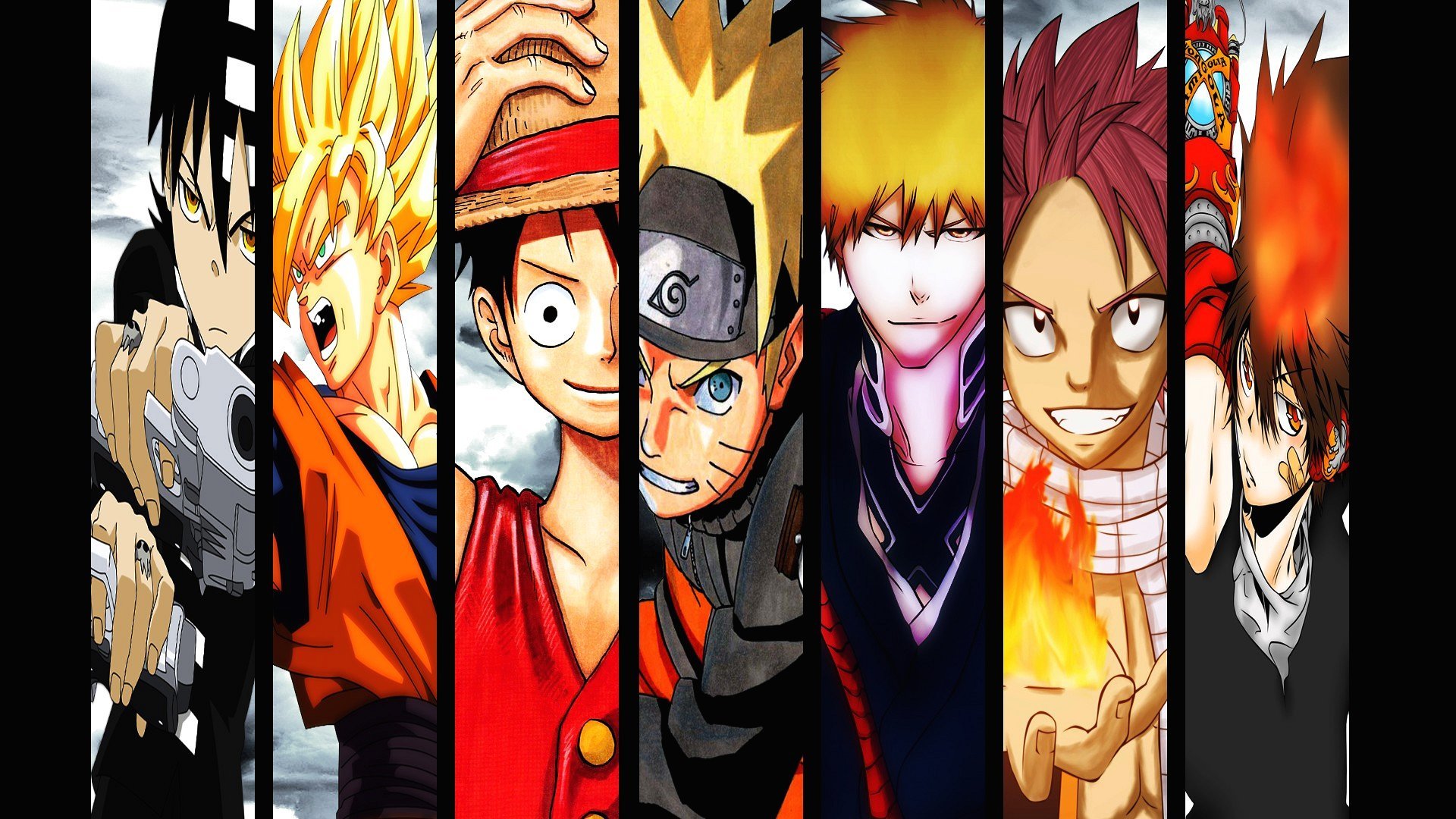 Cool anime wallpaper featuring popular shonen characters like Goku, Naruto, Luffy, and Ichigo