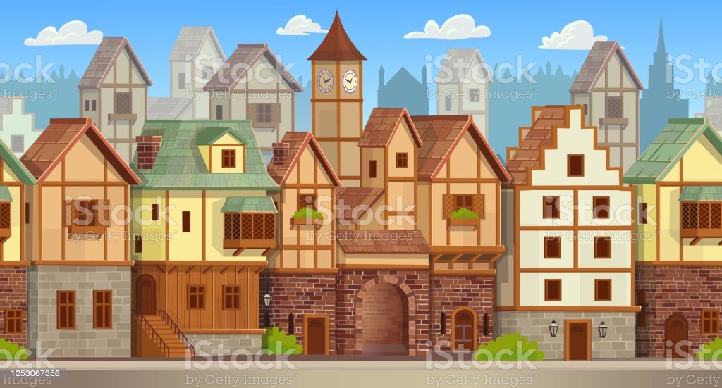 Seamless Pattern Of Medieval Town Old City Street With Chalet
