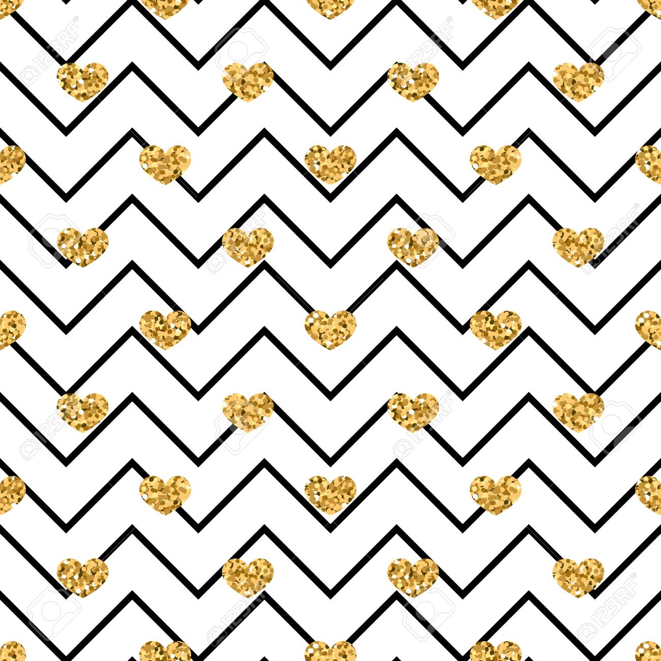 Gold Heart Seamless Pattern Black White Geometric Zigzag Golden