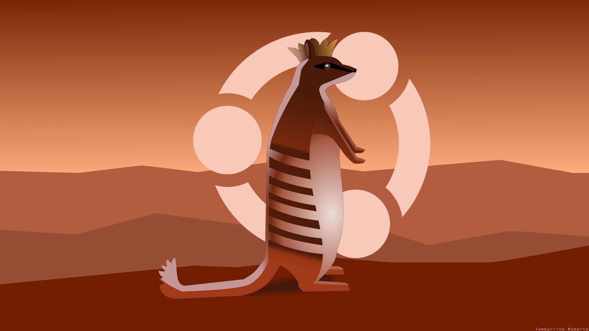 A stylized numbat, wearing a crown, stands against a backdrop of a desert landscape and the Ubuntu logo. This wallpaper represents the Ubuntu operating system and its mascot