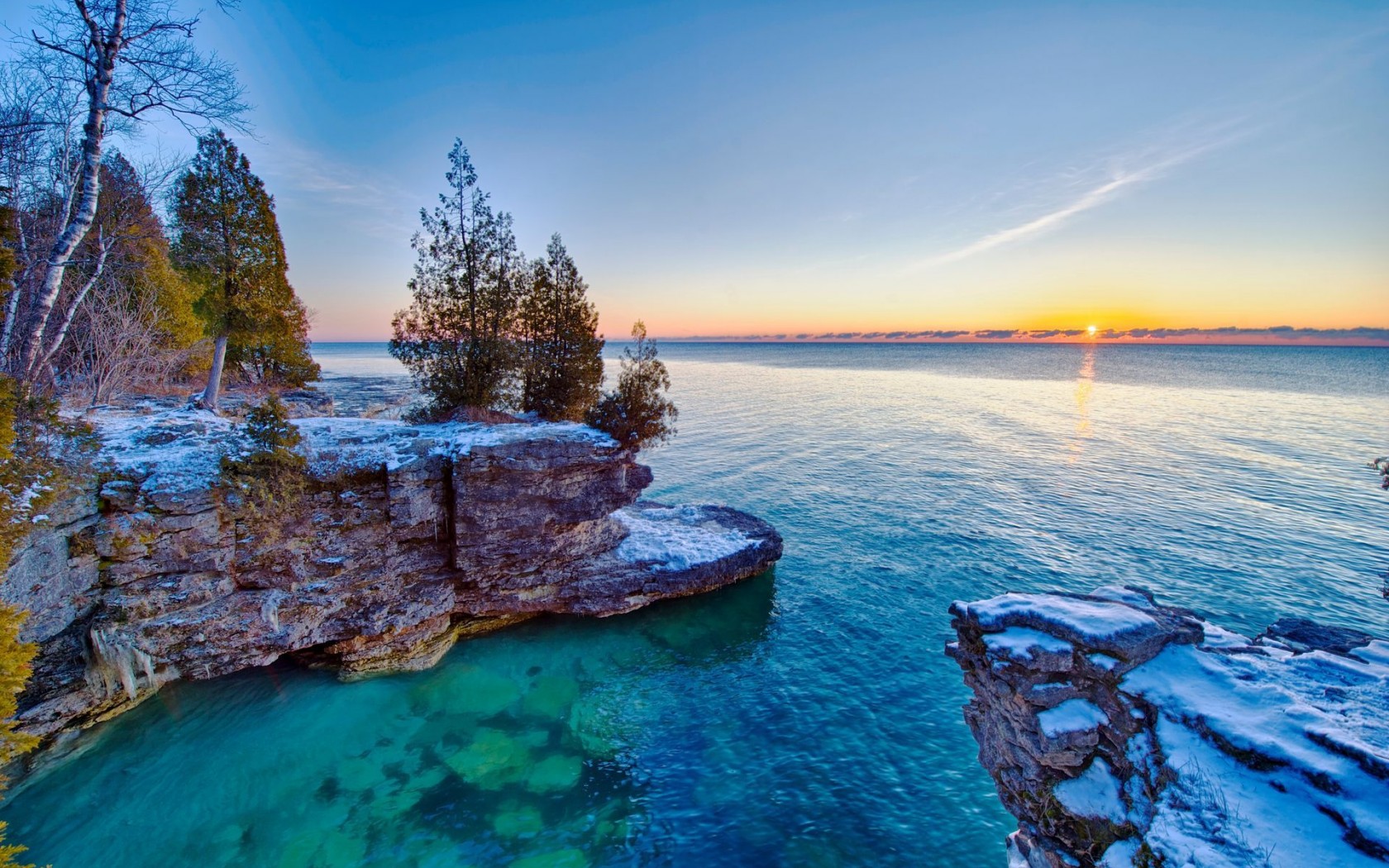 Lake Michigan HDr Sky Trees Sunset Wallpaper Background