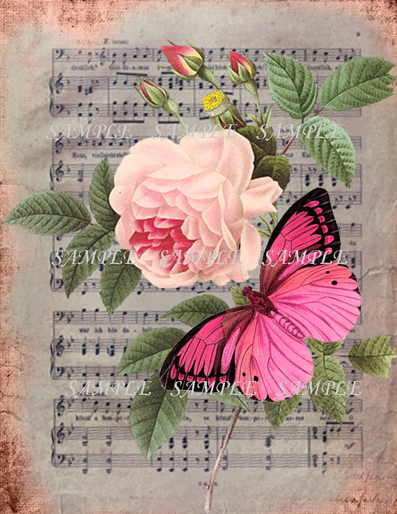 Paris Printable 300dpi Shabby Wallpaper Sheet Antique Butterfly And