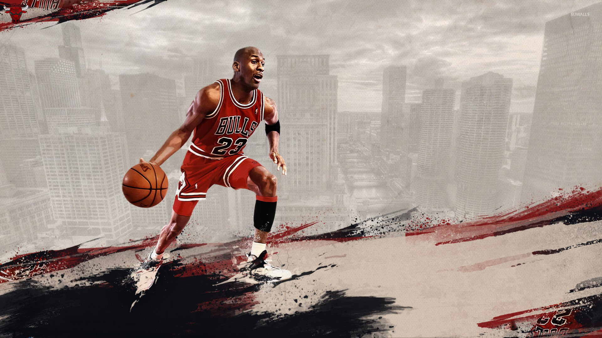 Michael Jordan dribbling in a Chicago Bulls jersey with a cityscape background