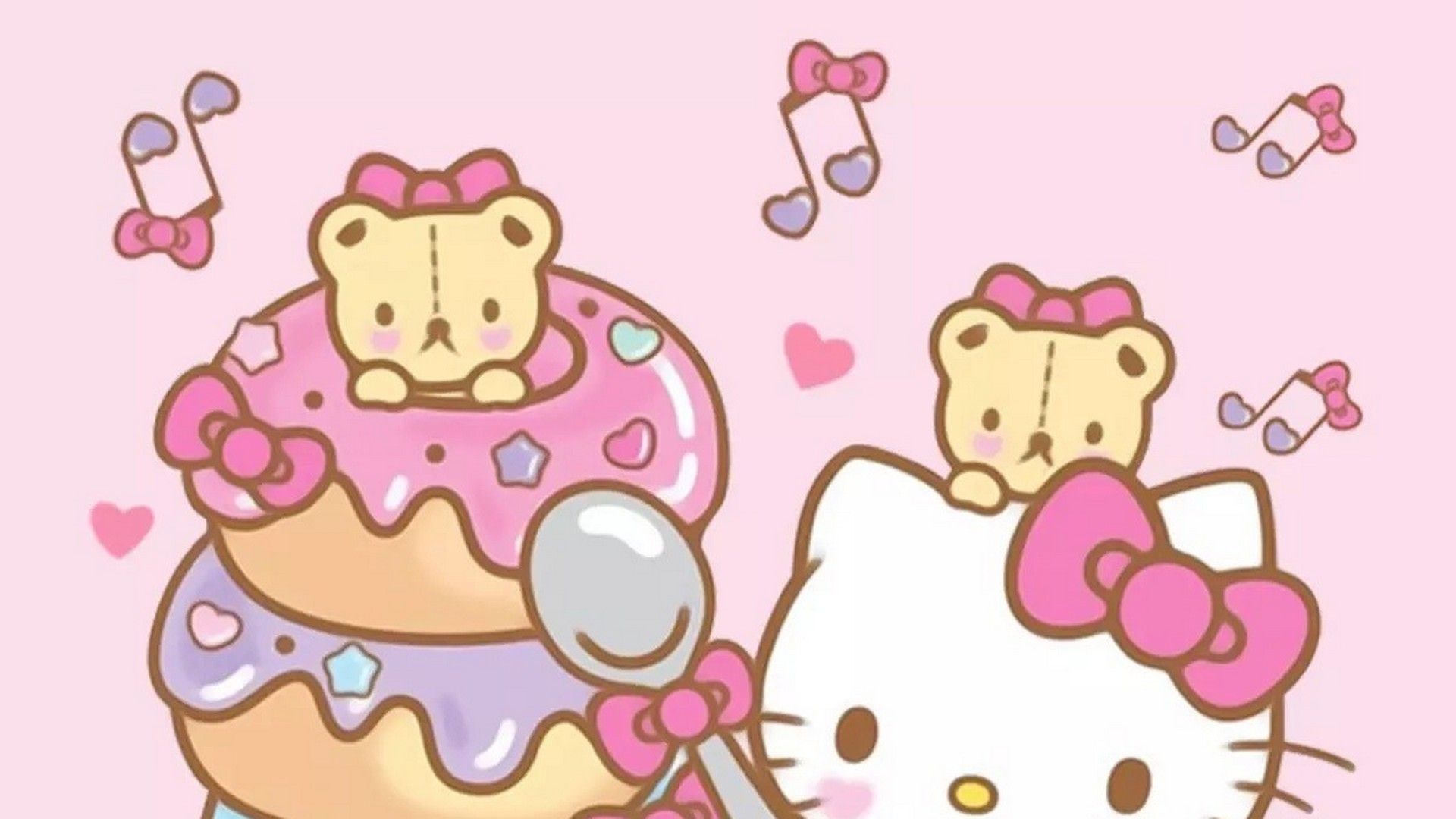 Cute Sanrio wallpaper featuring Hello Kitty and Korilakkuma enjoying a stack of decorated donuts