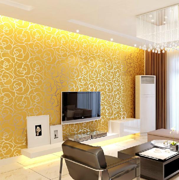 Modern Damask Flock Velvet Textured Wall Paper Gold Gray Wallpaper