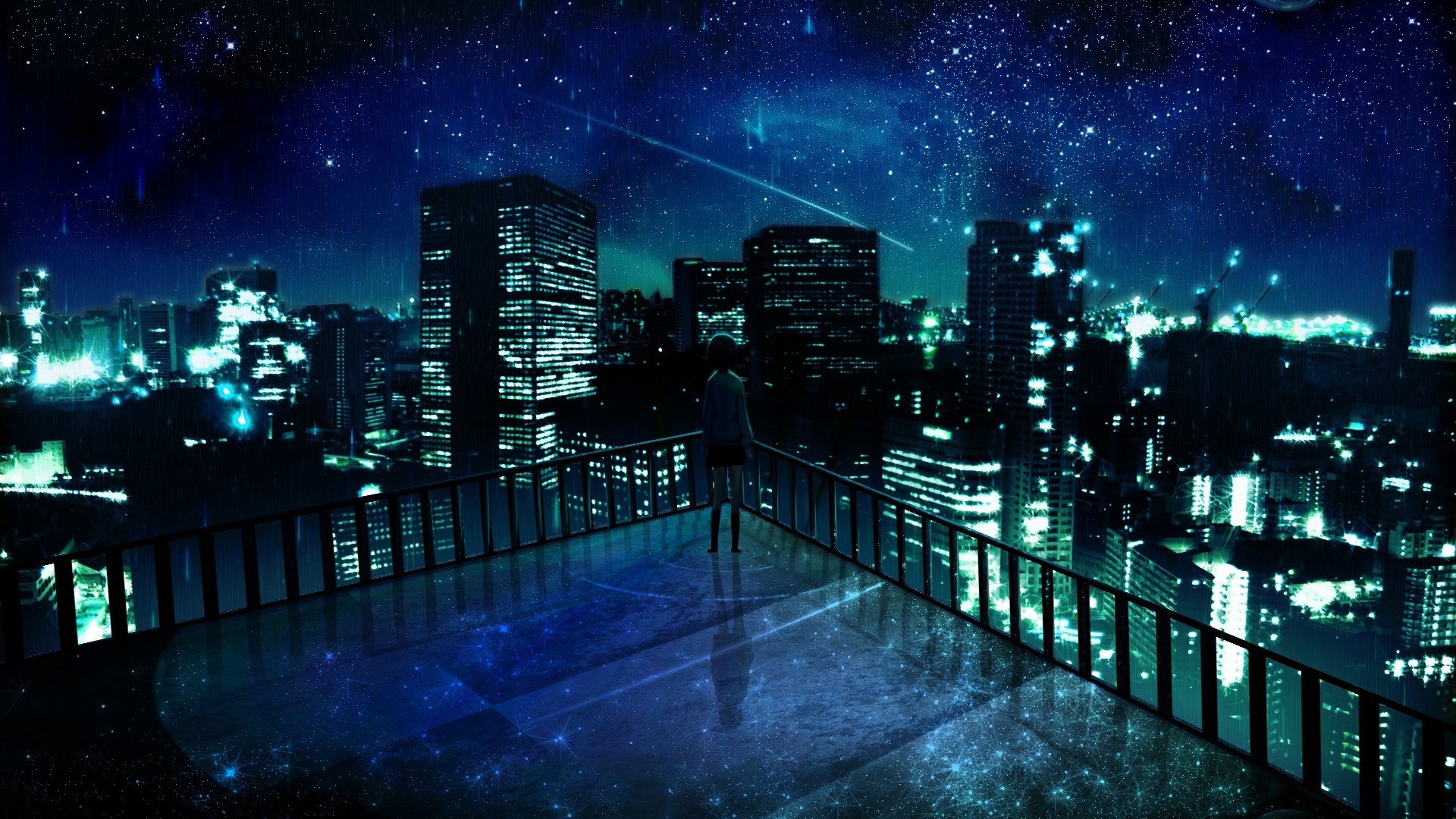 Anime-style cityscape at night under a starry sky