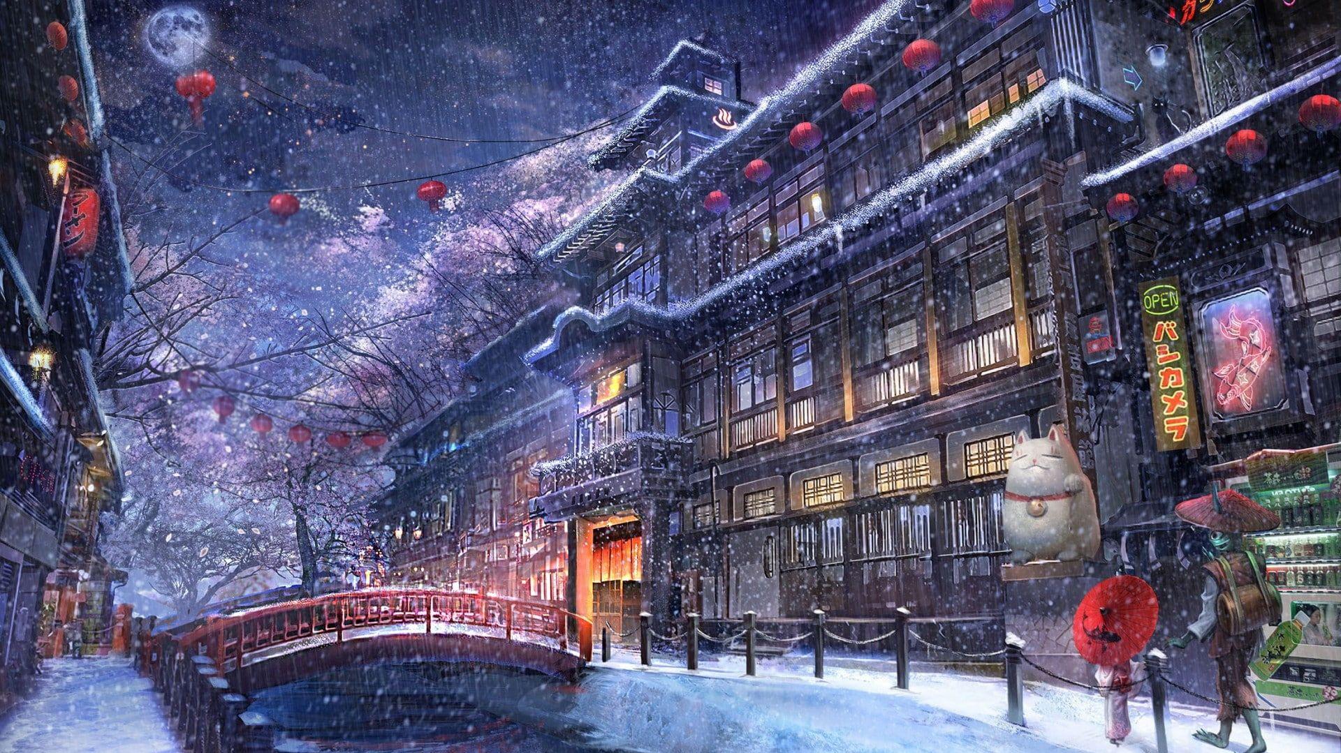 Snow Anime Night Winter 1080p Wallpaper HDwallpaper Desktop