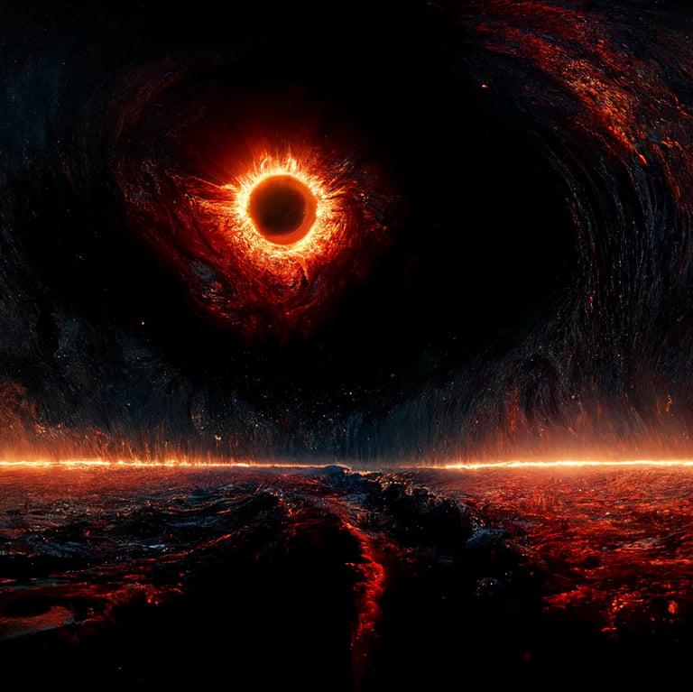 Prompthunt Black Hole Consuming A Red Giant Sun Over Sea Of