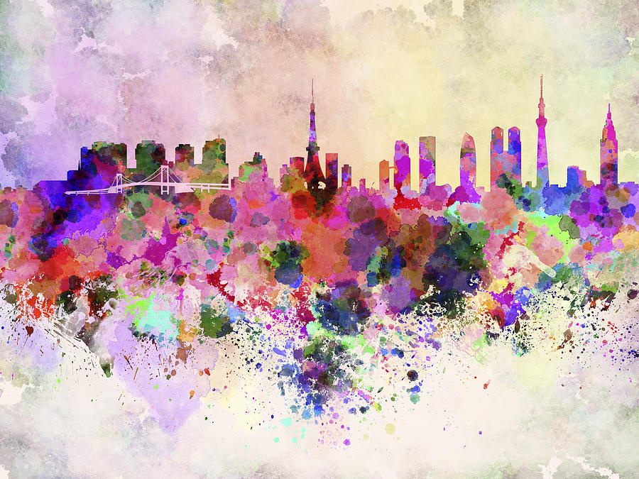 Tokyo Skyline In Watercolor Background Digital Art By Pablo Romero
