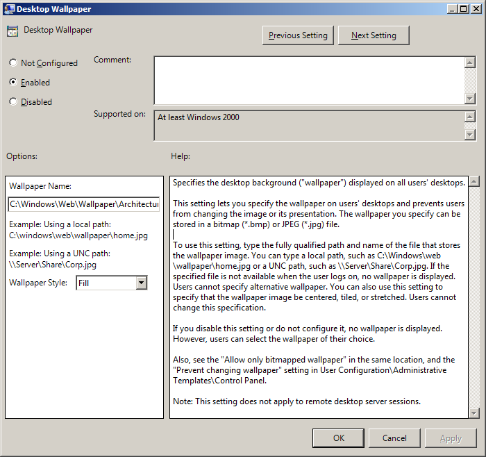 Using Group Policy to configure Desktop Wallpaper Background