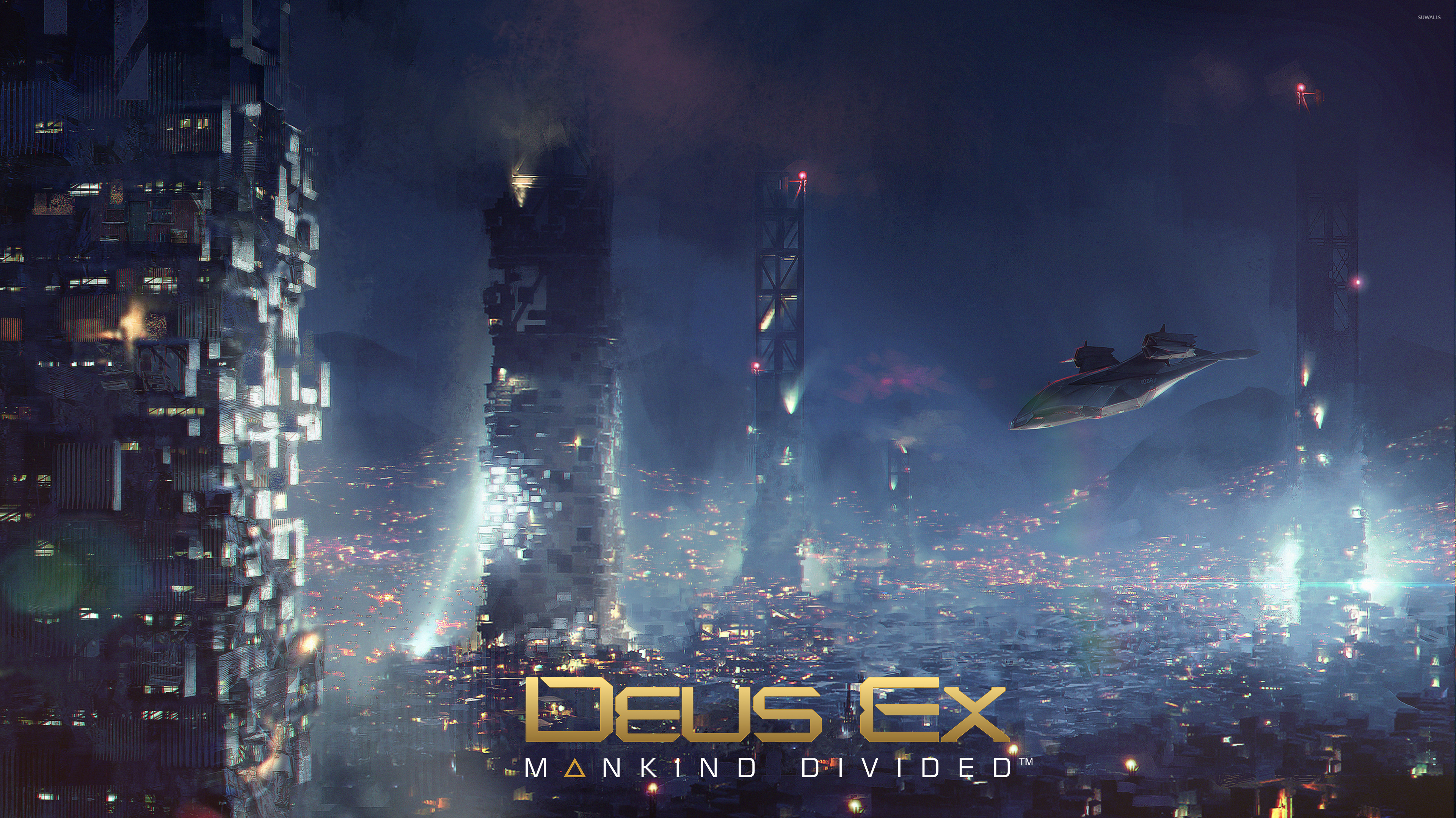 Aircraft Over The City In Deus Ex Wallpaper