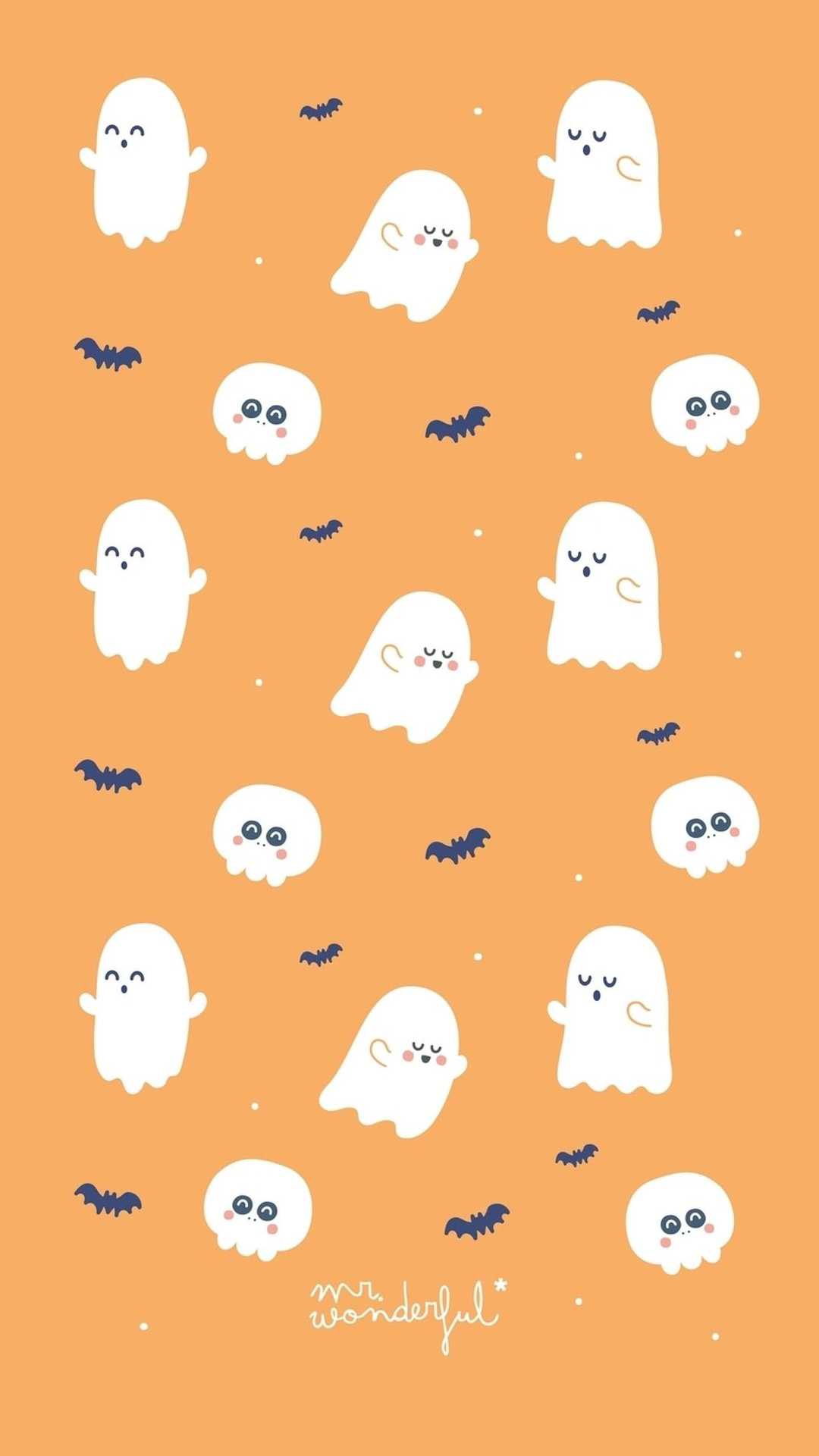 Kawaii Halloween wallpaper with cute ghosts and bats on an orange background